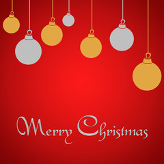 Fototapeta na wymiar Hanging Christmas balls on red gradient background with Merry christmas text