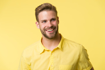 Dentistry concept. Man handsome bearded guy smiling on white background isolated. Guy cheerful smile macho feels happy and satisfied. Teeth health and beauty. Brilliant smile. Man with sincere smile