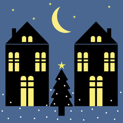 Vector illustration of houses, Christmas fir, evening - Vector