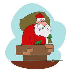 Cartoon Santa Claus with gifts stuck in a chimney