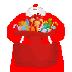 Santa Claus and bag pixel art. New Year big red sack with gifts. Xmas 8bit. Video game Old school Merry Christmas.