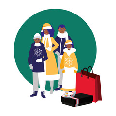 family with winter clothes and christmas gift box