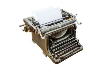 old vintage dust-covered typewriter with sheet of paper isolated on white background