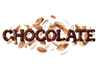 The word chocolate with almonds on a white background