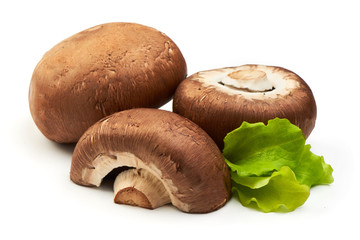 Champignons with a half, close-up, isolated on white background