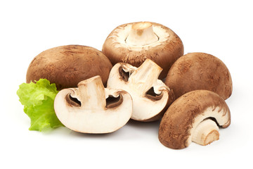 Champignons with Sliced champignons, close-up, isolated on white background