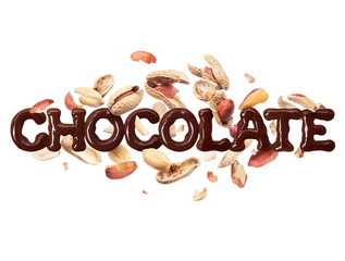 The word chocolate with peanuts on a white background