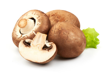 Champignons with Sliced champignons with lettuce, close-up, isolated on white background