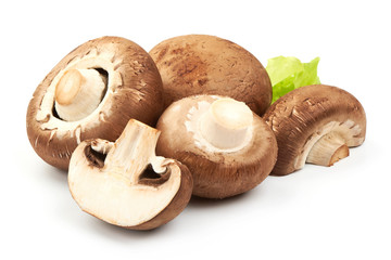 Brown Champignons, Royal Mushrooms with lettuce, close-up, isolated on white background