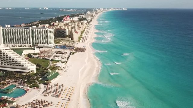 Aerial view of Caribbean Sea beach. Top view aerial video of beauty nature landscape with tropical beach. Cancun, Mexico