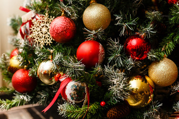 Beautiful Christmas tree with fairy lights and festive decor, closeup