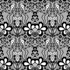 Black lace vintage seamless pattern with flowers