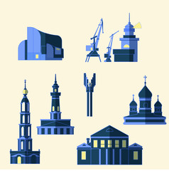 Different buildings flat vector illustration set of 9 items isolated in blue colors
