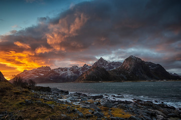 Fototapeta na wymiar The sun has finally set on Lofoten for the year. A though it remains below the southern horizon at noon, on clear days – kinda rare this year – we still have some magical light before the darkness ret
