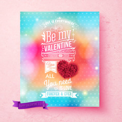 Colorful Valentines day card on textured light pink background.