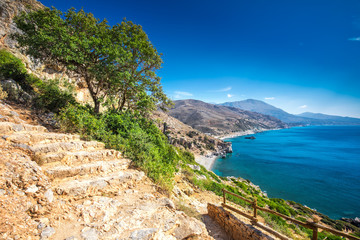 Fototapeta premium Preveli beach on Crete island with azure clear water, Greece, Europe