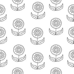 Vector black and white doodle flowers pattern with abstract floral flowers. Black and white hand-drawn flower seamless pattern background.