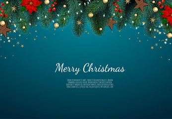 Merry Christmas and Happy New Year. Xmas background with gift box, Snowflakes and balls design.