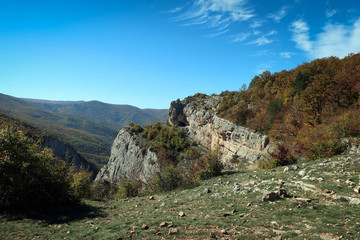 Sharp cliffs of mountains of South Coast of Crimea near Yalta, Russia