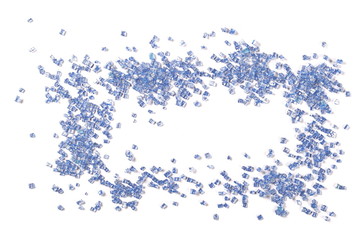 Frame blue crystal sugar sprinkles for cake, ice cream and pastries isolated on white background, top view