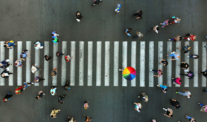 Aerial. Pedestrian crossing crosswalk. Top view. In the center is a man with a colorful umbrella.