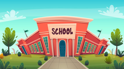school . day of knowledge funny cartoon background ,  warm autumn education card cover in red green bright colours with clear blue sky clouds . high school comic style vector illustration 