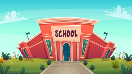 school . day of knowledge funny cartoon background ,  warm autumn education card cover in red green bright colours with clear blue sky clouds . high school comic style vector illustration  © Vectorville