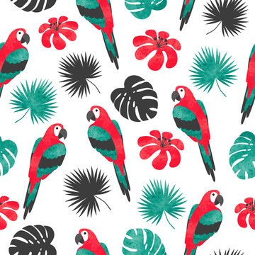Trendy seamless bright tropical pattern with watercolor parrots and palm leaves.