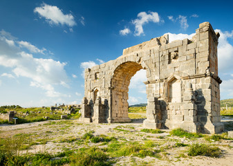 stone arch in entry to in antique roman city Volubilis in Morocco