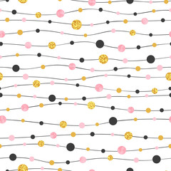 Seamless dots pattern in pink, black and golden colors. Vector celebration background.