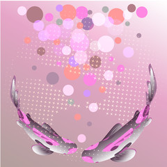 Set with fish, carp Koi on background of pink gradient and sparkling stars. Vector illustration, Cyprinus Carpio.