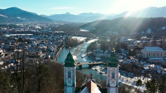4K Aerial Flight Alps Town Bad Toelz Isar Church Kalvarienberg