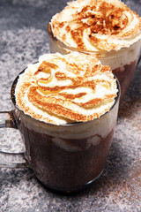 Hot chocolate cocoa with whipped cream for xmas on table