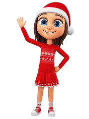 Cartoon character girl in Christmas clothes is greeting on a white background. 3d rendering. Illustration for advertising.