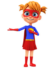 Cartoon character girl in a costume of a super hero shows a finger on an empty hand on a white background. 3d rendering. Illustration for advertising.