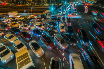 night traffic jam on the crossroad
