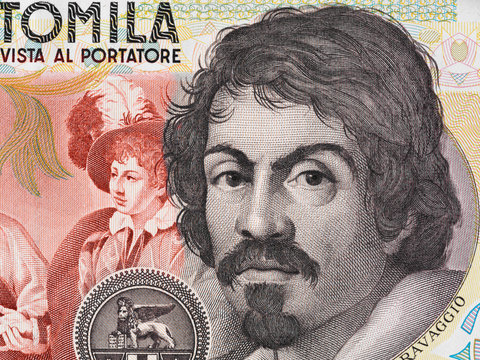Caravaggio portrait on 100000 italian lire banknote closeup. One of the greatest and innovative painter of the Renaissance.