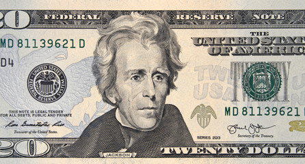 President Andrew Jackson on US 20 dollar bill close up, Unites States federal fed reserve note.