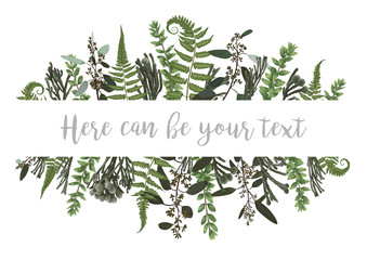Vector illustration of a frame with green leaves of a forest fern, boxwood and eucalyptus, brunia. Pattern for wedding invitations, greeting cards, banners, certificates