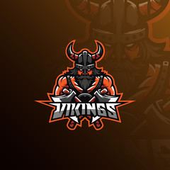 viking vector mascot logo design with modern illustration concept style for badge, emblem and tshirt printing. angry viking illustration with axes behind.