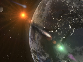Planet earth from space, flying by the comet planet.