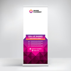 Roll-up banner design, template  for placing advertising information. Layout for exhibitions, presentations, conferences, seminars. Fashionable graphic background with a gradient