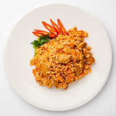 rice pilaf with meat, carrot and onion isolated on white background