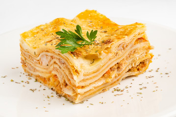meat lasagna on the white background