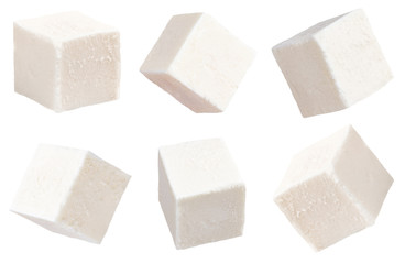 Greek feta cubes. Feta cheese isolated on white background. With clipping path.  Collection