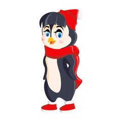 Cute Penguin Girl in a Red Hat and Scarf