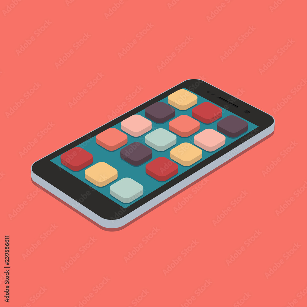 Poster flat smartphone with app icons set on coral color background.