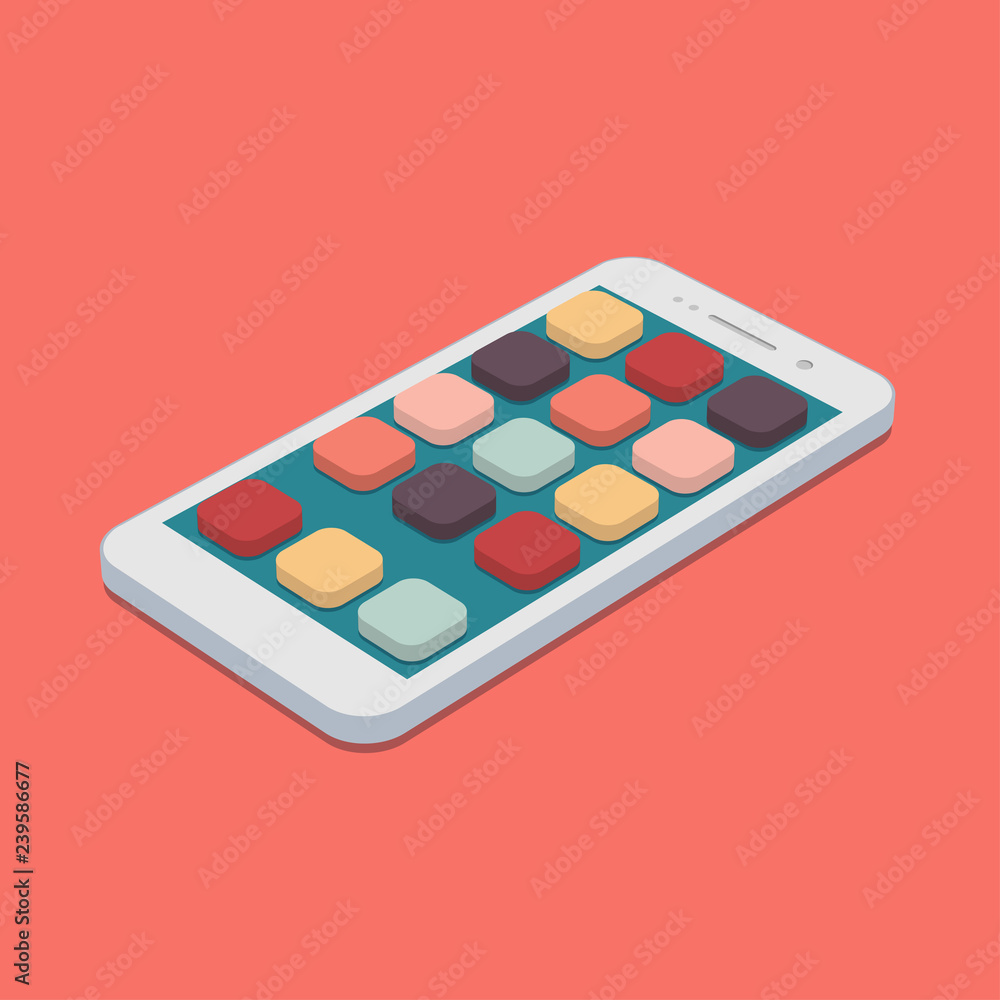 Poster flat smartphone with app icons set on coral color background.