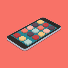 flat smartphone with app icons set on coral color background.