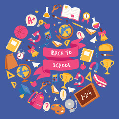 Back to school poster with backpack supplies for studying, globe, scissors vector illustration